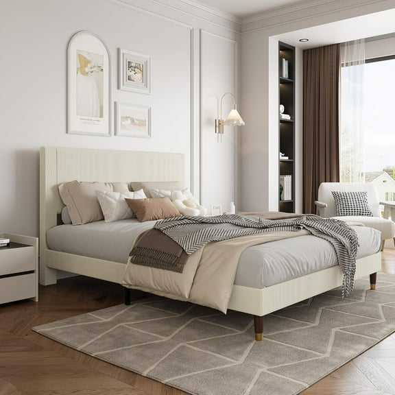 Senfot Full Size Bed Frame Upholstered Platform Bed with Fabric Headboard, Wooden/Metal Slats Support, Non-Slip and Noise-Free,Easy Assembly, No Box Spring Needed, Beige