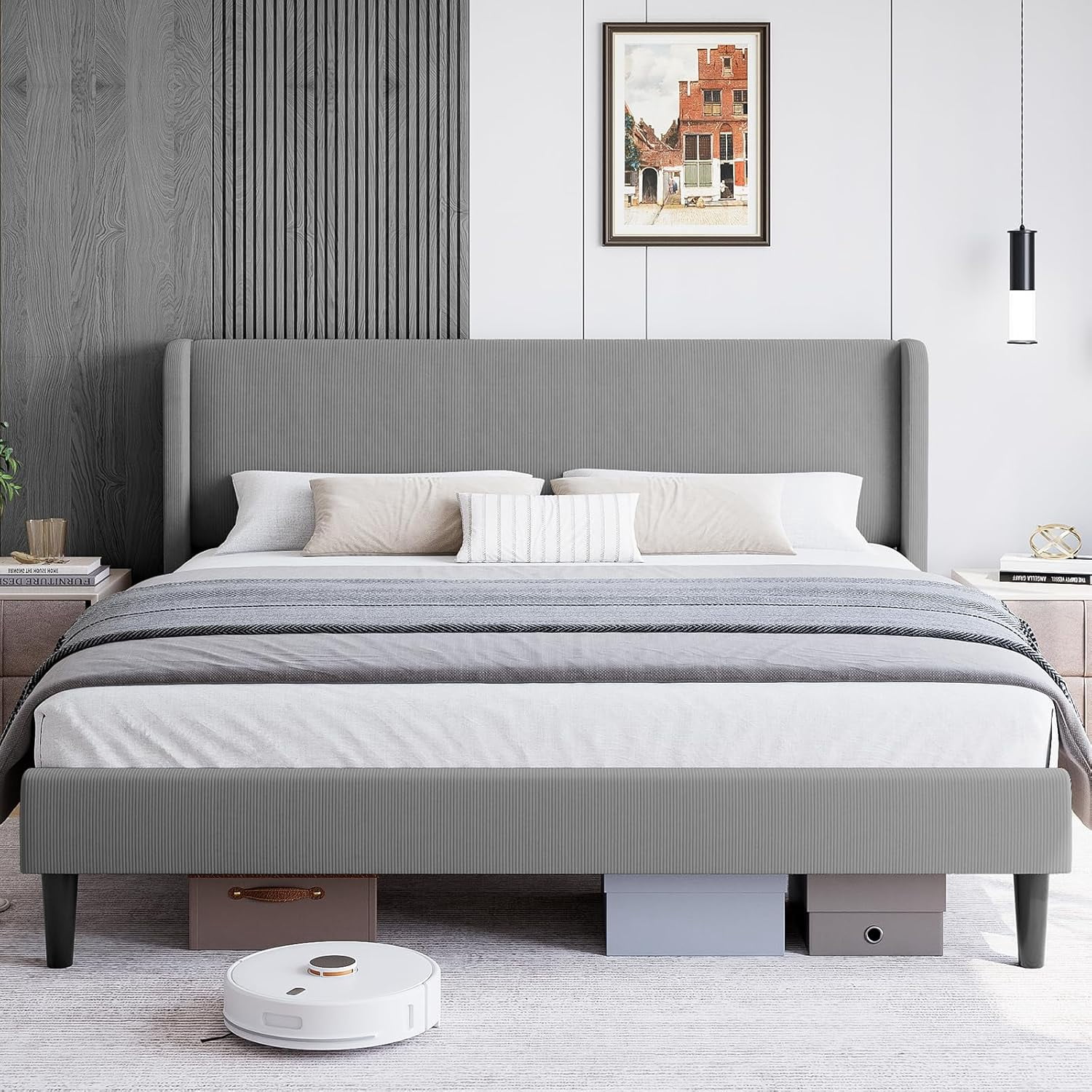 Senfot Full Size Bed Frame,Upholstered Platform Bed with Wingback Headboard,Velvet Upholstered Bed Frame with 2 Storage Pockets,Strong Wooden Slat Support,Box Spring Optional,Easy Assembly,Light Gray