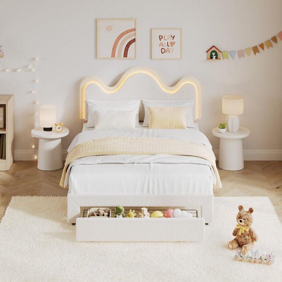 Senfot Full Size Bed Frames,Lamb Velvet Full Cute Platform Bed Frame for Girls, Boys,Sturdy Platform Bed, Wooden Slats, No Box Spring Needed, LED Light, Noise Free,White