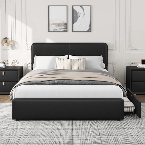 Senfot Full Size Double Drawer Soft Bag Bed Frame, PU Black Upholstered Bed Frame with Spacious Storage, Soft and Comfortable, No Box Spring Needed