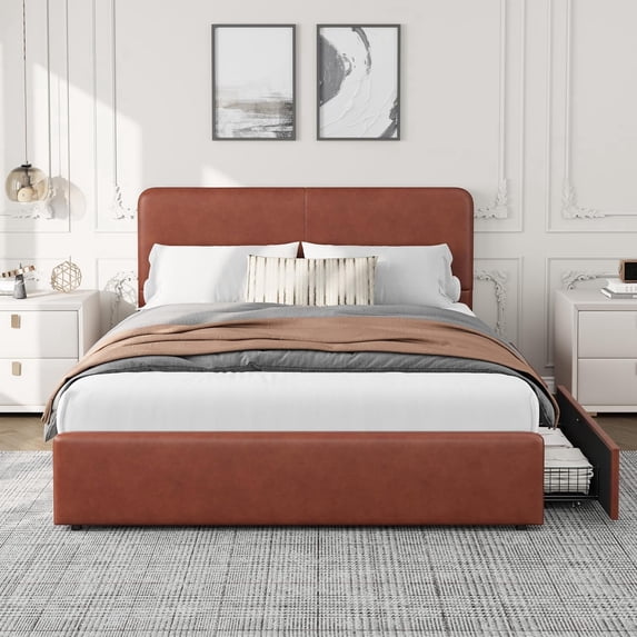 Senfot Full Size Double Drawer Soft Bag Bed Frame, PU Brown Upholstered Bed Frame with Spacious Storage, Soft and Comfortable, No Box Spring Needed