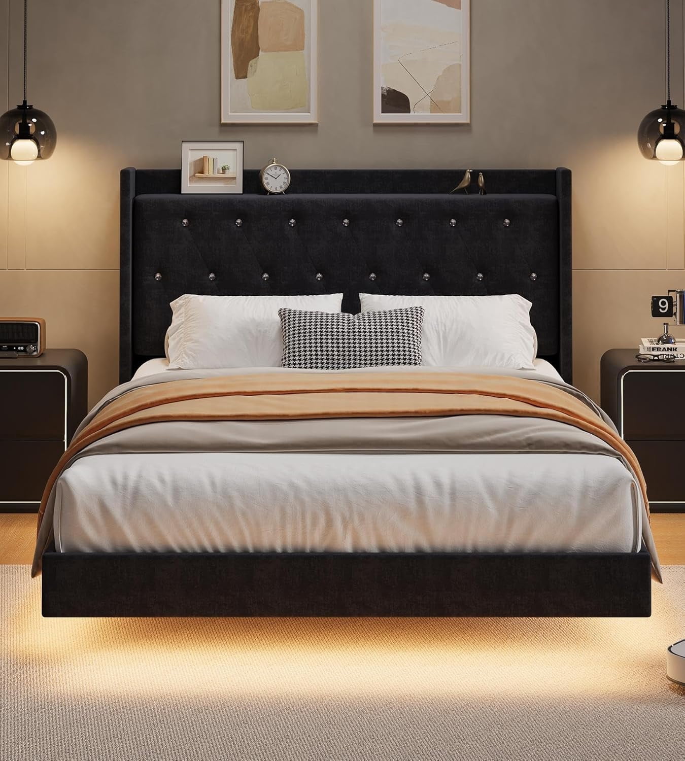 Senfot Full Size Floating Bed Frame with LED Lights, Velvet Upholstered ...