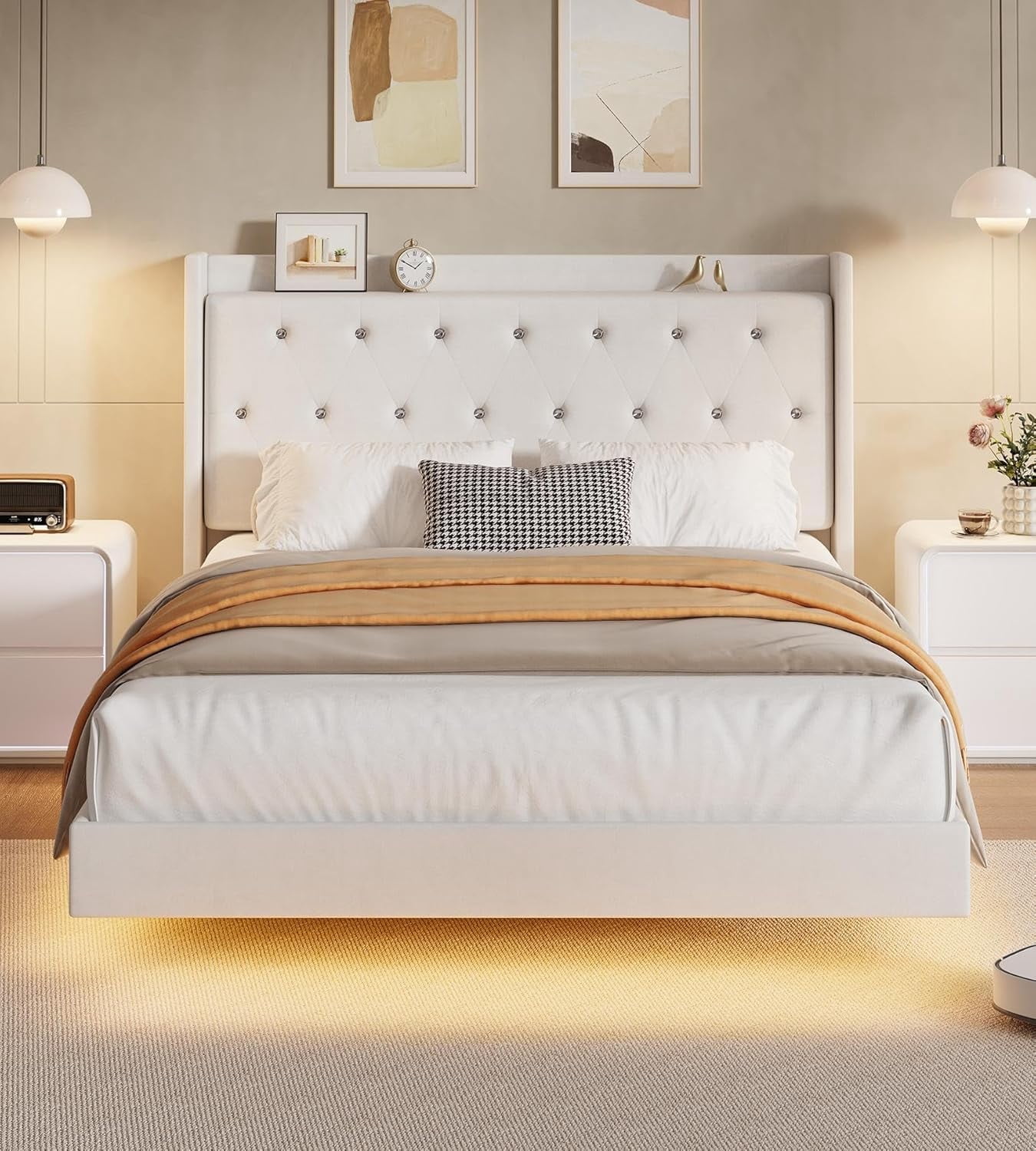 Senfot Full Size Floating Bed Frame with LED Lights, Velvet Upholstered ...