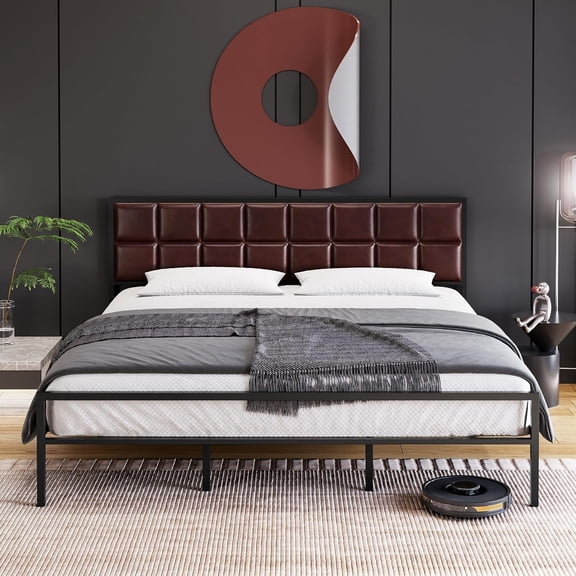 Senfot Full Size Metal Platform Bed Frame with Faux Leather Headboard - Strong Slats Support, Large Underbed Storage, No Box Spring Needed, Apartment Friendly