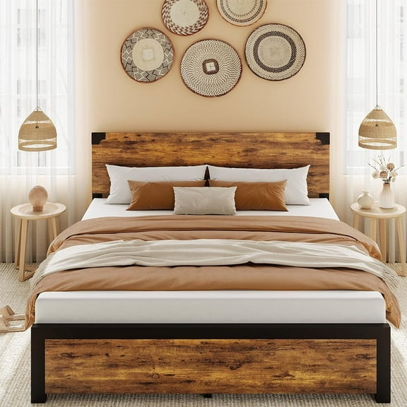 Senfot Full Size Platform Bed Frame with Wood Headboard - Rustic Metal Frame, Noise Free, Underbed Storage Space, No Box Spring Needed, Easy Assembly, Rustic Brown