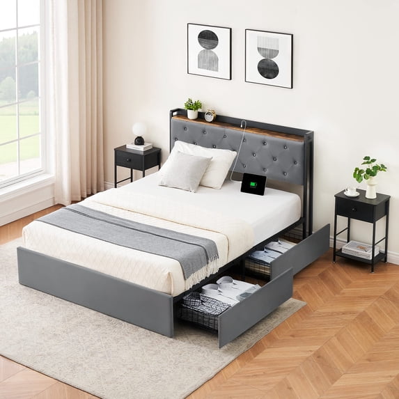 Senfot Full Size Upholstered Platform Bed Frame with Storage Headboard & 4 Drawers - Charging Station, No Box Spring Needed, Noise-Free, Easy Assembly