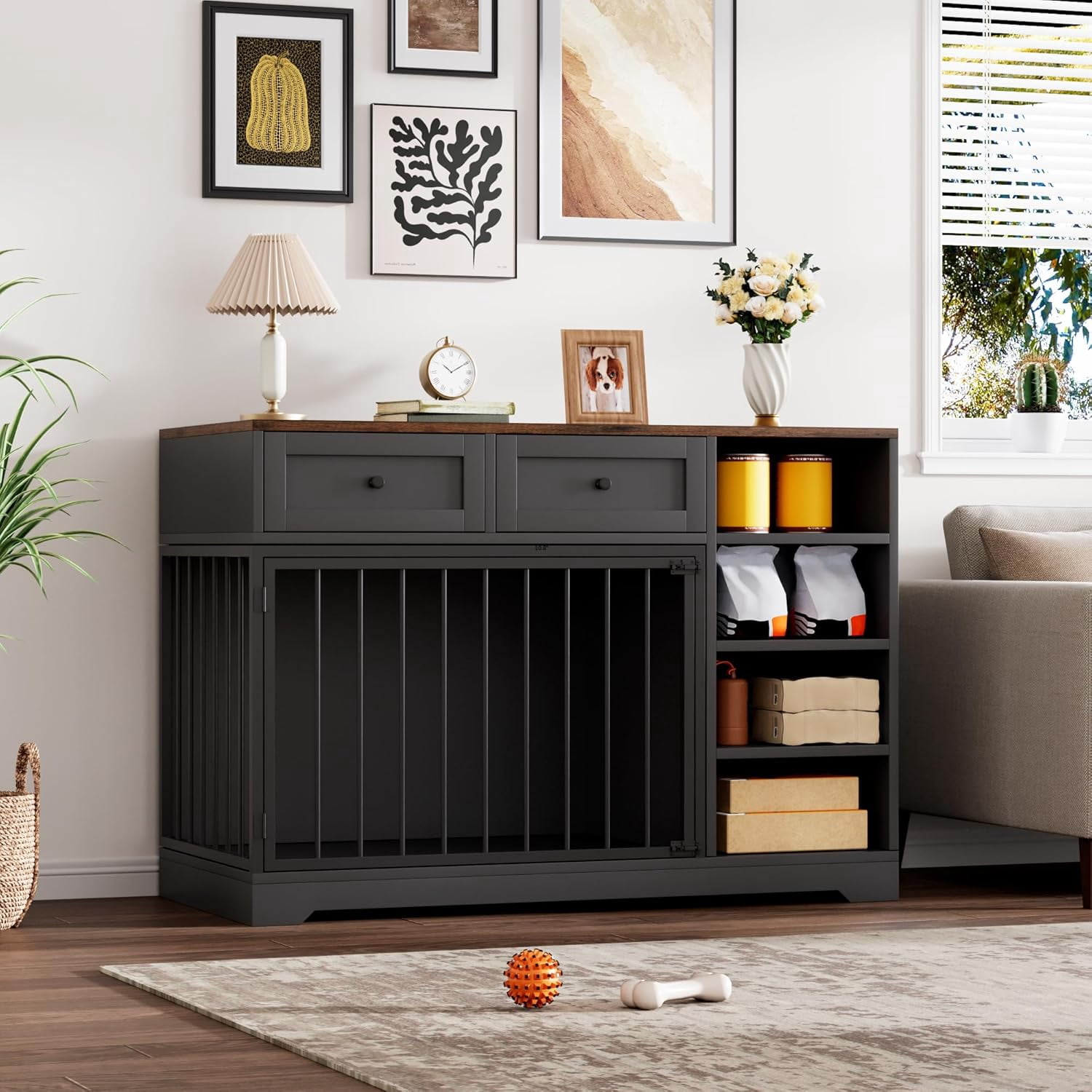 Senfot Furniture Style Dog Crate Cabinet, Multi Functional Pet Kennel with Storage, Decorative Dog House for Living Room Bedroom Black