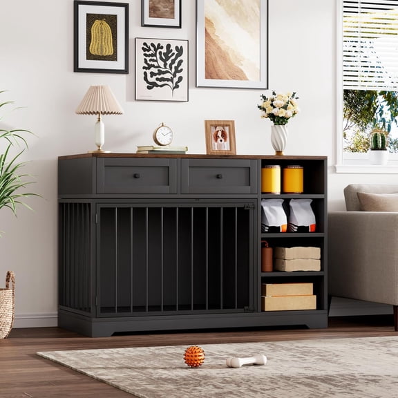 Senfot Furniture Style Dog Crate Cabinet, Multi Functional Pet Kennel with Storage, Decorative Dog House for Living Room Bedroom Black