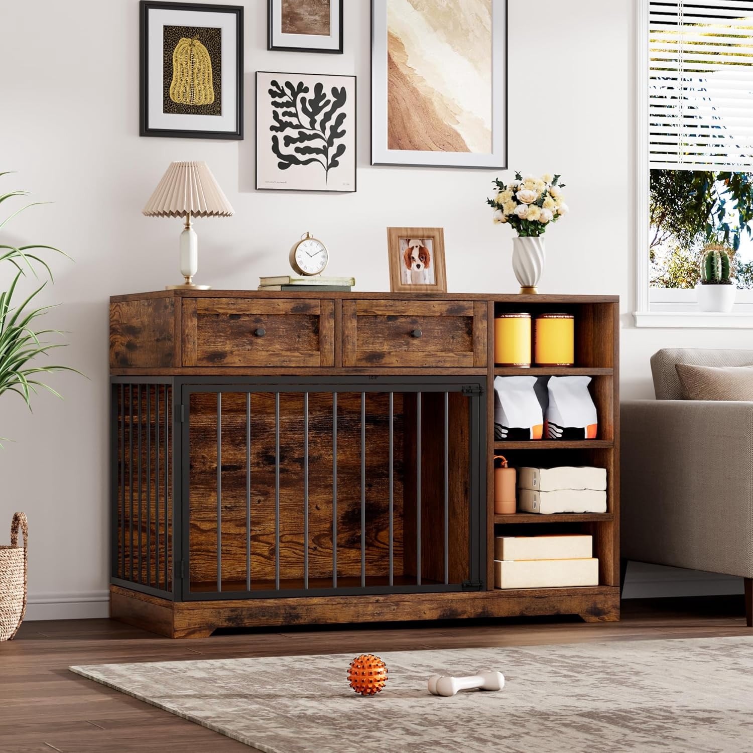 Senfot Furniture Style Dog Crate Cabinet, Multi Functional Pet Kennel with Storage, Decorative Dog House for Living Room Bedroom Brown