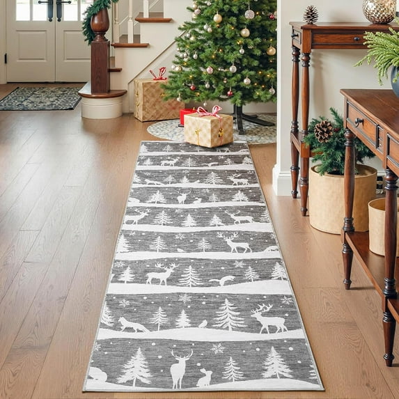Senfot Gray 2x6 Area Rugs for Living Room, Indoor Non Slip Carpet, Washable Rug for Home Decor, Soft Low Pile Christmas Rug with Xmas Tree Reindeer Snowflake for Bedroom, Dining Room