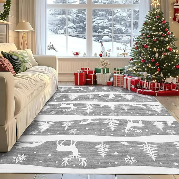 Senfot Gray 6x9 Area Rugs for Living Room, Indoor Non Slip Carpet, Washable Rug for Home Decor, Soft Low Pile Christmas Rug with Xmas Tree Reindeer Snowflake for Bedroom, Dining Room