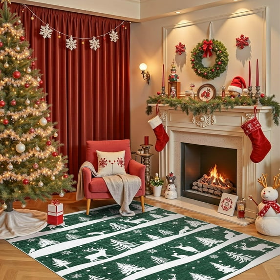 Senfot Green 4x6 Area Rugs for Living Room, Indoor Non Slip Carpet, Washable Rug for Home Decor, Soft Low Pile Christmas Rug with Xmas Tree Reindeer Snowflake for Bedroom, Dining Room