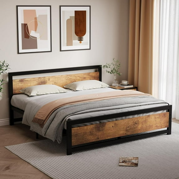 Senfot King Bed Frame, Metal Platform Bed Frame with Wooden Headboard and Footboard, Non-Slip Heavy Duty Bed Frame with Large Under Bed Storage, Noise-free,No Box Spring Needed