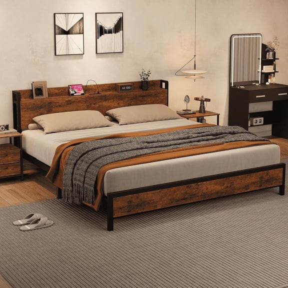 Senfot King Industrial Platform Bed Frame, USB Charging Station, 2-Tier Storage, No Box Spring Needed, Retro Brown Wood Finish, Heavy Duty Metal Frame with Headboard