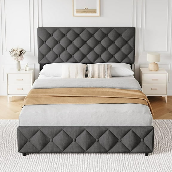 Senfot King Size Bed Frame with 4 Storage Drawers and Adjustable Headboard, Upholstered Platform Bed Frame with Storage, Diamond Stitched Button Tufted,Easy Assembly, No Box Spring Needed, Gray
