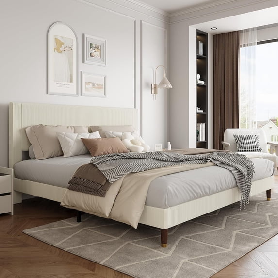 Senfot King Size Bed Frame Upholstered Platform Bed with Fabric Headboard, Wooden/Metal Slats Support, Non-Slip and Noise-Free,Easy Assembly, No Box Spring Needed, Beige