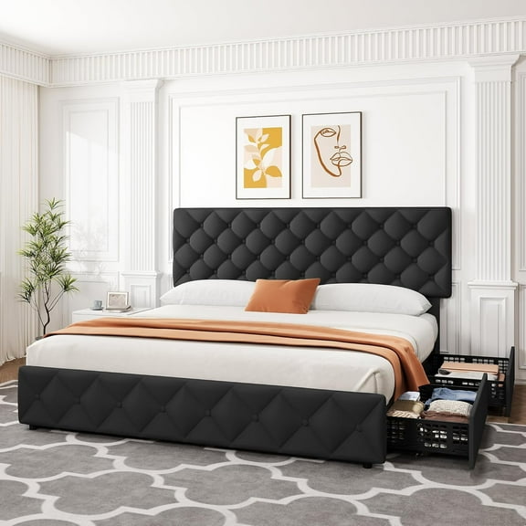 Senfot King Size Bed Frame with 4 Storage Drawers & Adjustable Headboard, Upholstered Platform, No Box Spring Needed, Black