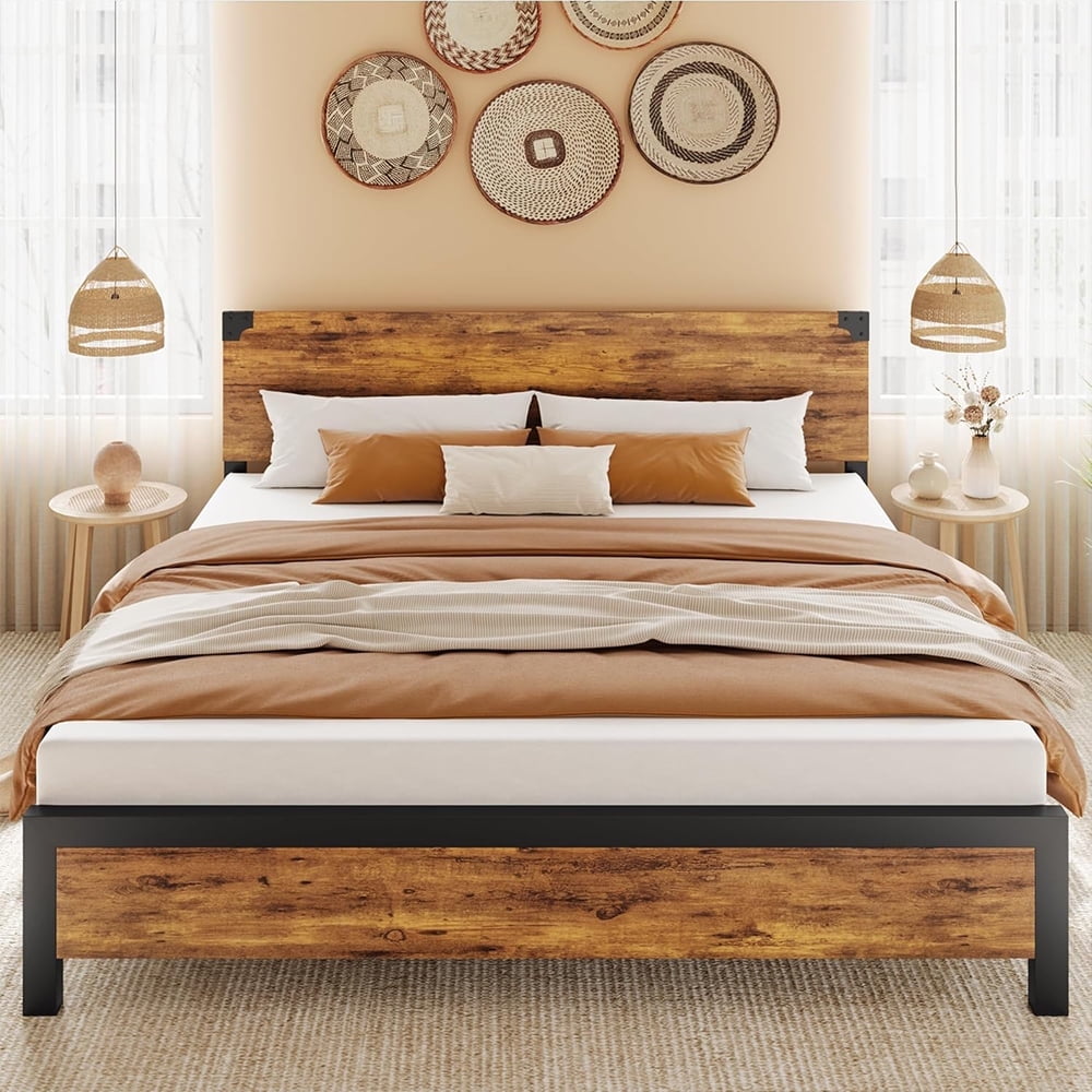 Senfot King Size Platform Bed Frame with Wood Headboard - Rustic Metal Frame, Noise Free, Underbed Storage Space, No Box Spring Needed, Easy Assembly, Rustic Brown