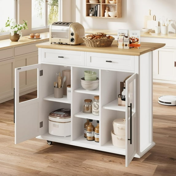 Senfot Kitchen Island Cart with Storage, Rolling Kitchen Island with Drop Leaf, Microwave Cart on Wheels, Table Bar Cart for Kitchen with Towel Rack for Kitchen,Dining Room, White