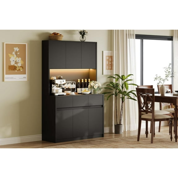 Senfot Kitchen Pantry Cabinet with Led Lights and Charging Station, Tall Pantry Cabinet Buffet Cabinet with Countertop,Modern Kitchen Cabinet with Storage and Microwave Stand, Black