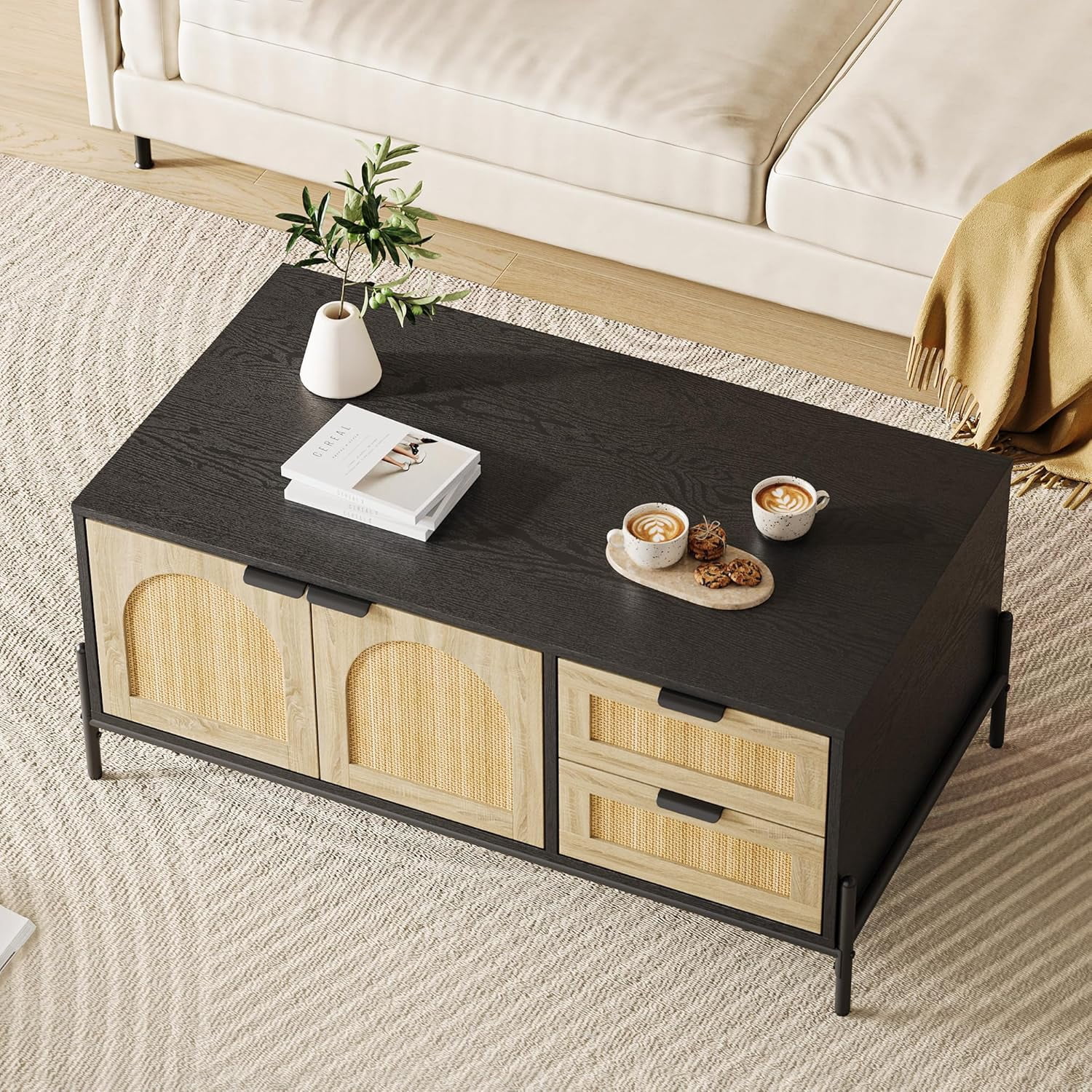 Senfot LED Rattan Coffee Table with 2 Drawers, 2 Arched Cabinets & Open ...