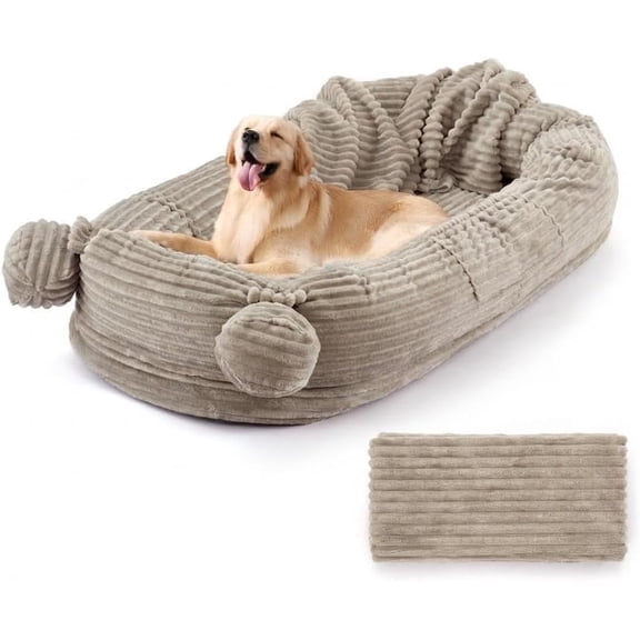 Senfot Large Pet Sofa Bed 72x45 Inch, Collapsible with Blanket, Machine-Washable Corduroy, Supportive Foam Cushion, Dual Side Pockets for Indoor Outdoor Living Room