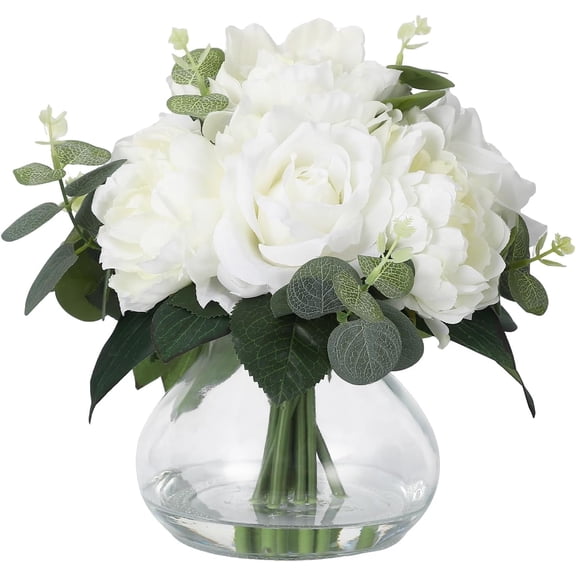 Senfot Lifelike Roses & Peonies in Glass Vase with Faux Water for Arrangements,for Home Table Office Wedding Party Decor Milky White