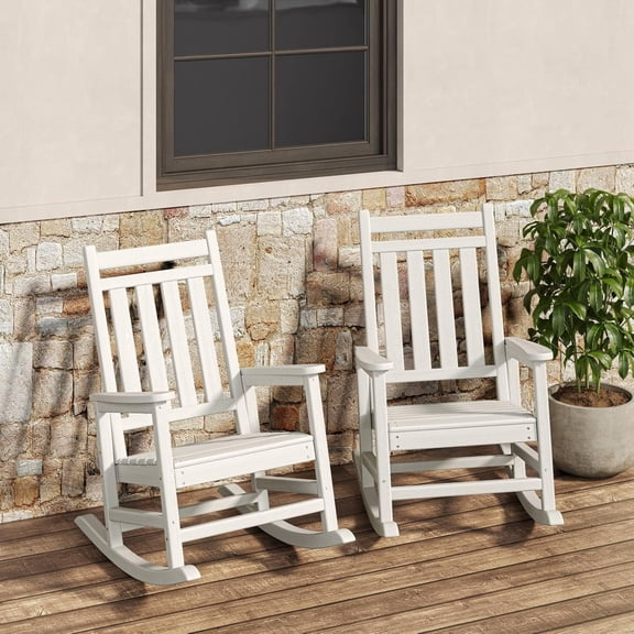 Senfot Lumber Rocking Chair Outdoor HDPE High Back Porch Rocker Chairs for Adults All Weather Resistant Furniture for Patio Garden Deck White 2pcs