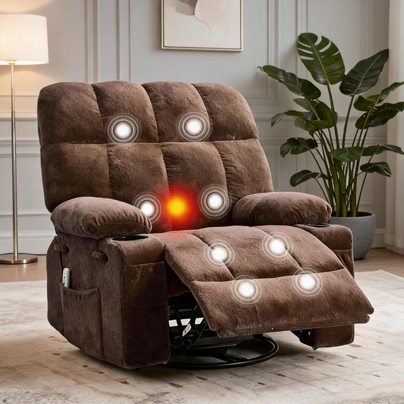 Senfot Manual Swivel Rocker Recliner Chair- Iron Frame Sponge Padded Eight-Square Grid Back Sofa with Massage and Heating- 54cm Seat Width- Terry Cloth Upholstery- Brown