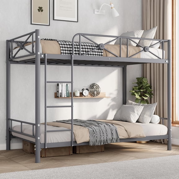 Senfot Metal Bunk Bed Twin Over Twin, Heavy Duty Bunkbeds with Safety Guard Rails, Space-Saving Steel Bed Frame for Bedroom, Gray