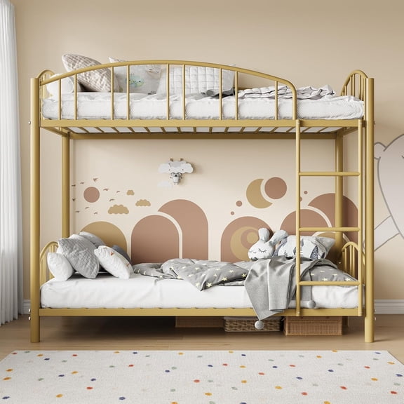 Senfot Metal Bunk Bed Twin Over Twin, Heavy Duty Bunkbeds Frame with Arched Guardrail and Safety Ladder, Sturdy Steel Bed, No Box Spring Needed, Space-Saving, Modern Gold