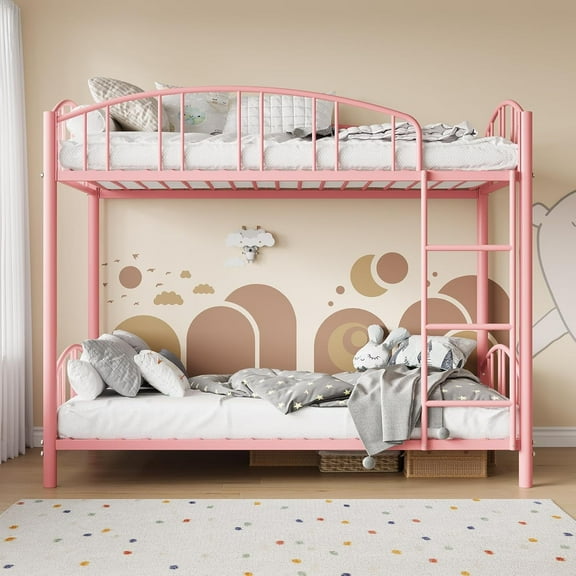 Senfot Metal Bunk Bed Twin Over Twin, Heavy Duty Bunkbeds Frame with Arched Guardrail and Safety Ladder, Sturdy Steel Bed, No Box Spring Needed, Space-Saving, Modern Pink