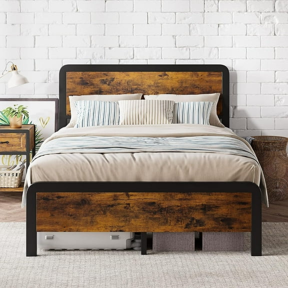 Senfot Metal Queen Platform Bed Frame with Rustic Wood Headboard, Non-Slip Slats, No Box Spring Needed, Noise-Free, Rustic Brown - Strong & Stylish Bed Frame
