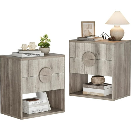 Senfot Mid Century Modern Nightstand, Fluted Night Stand with Charging Station, 22.6" Wide Wood Bedside Table, 2 Drawers & Open Shelf, Sofa End Table for Bedroom, Gray 2pcs