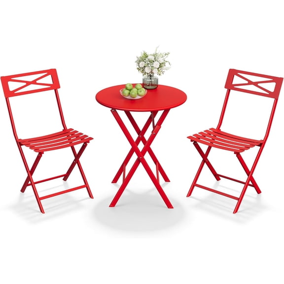 Senfot Modern 3-Piece Outdoor Patio Bistro Set, Steel Frame Furniture Set, Compact Table and Chairs for Balcony Garden Small Space Red