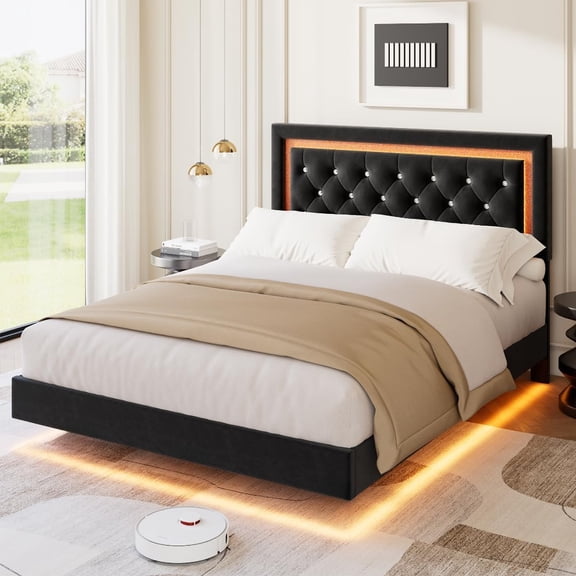 Senfot Modern Floating Queen Upholstered Platform Bed Frame with Diamond Headboard & Smart LED Lights, Noise-Free Wood Slats Support, Easy Assembly, Black