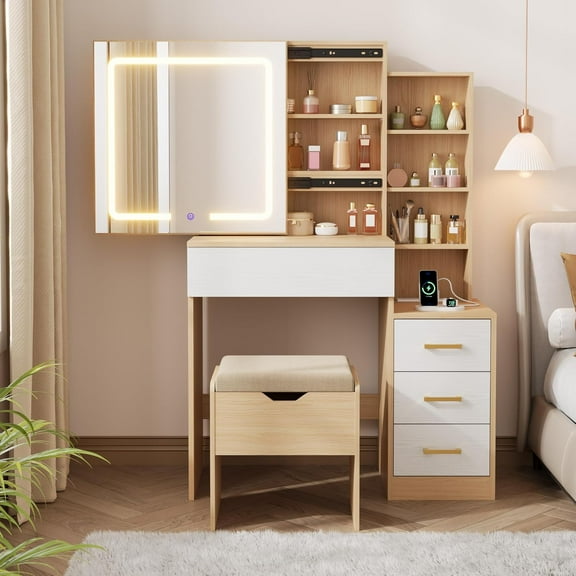 Senfot Nature Vanity Desk With Sliding Mirror and Lights Modern Makeup Vanity Table With 4 Drawers and 7 Storage Shelves, Dressing Table With Stool and Charging Station 3 Lighting Modes for Bedroom