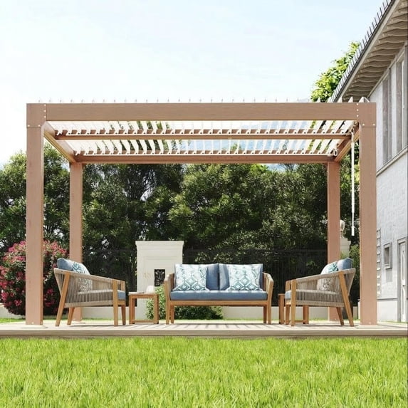 Senfot Outdoor Aluminum Louvered Pergola, Half Aluminum Half Iron, Wood Grain Finish, Garden Pavilion Wood 10x12