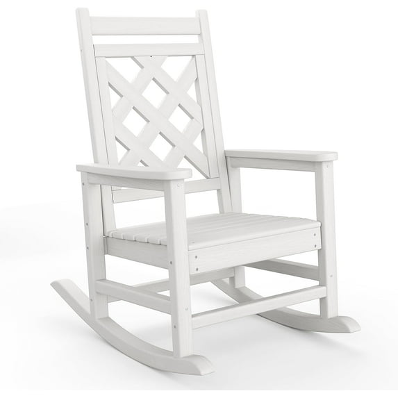 Senfot Outdoor Rocking Chair - HDPE Weather Resistant Rocker with Wood Texture, 380 LBS Support for Patio, Backyard, Garden White
