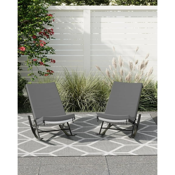 Senfot Outdoor Rocking Chairs Set of 2 - Indoor Lounge Rocker with Padded Cushion & Metal Frame, Rattan Seat for Porch, Garden, Backyard Gray