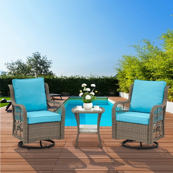 Senfot Outdoor Swivel Rocking Bistro Set - 3-Piece Patio Set with 2 Rattan Chairs & Tempered Glass Table, Great for Porch & Deck Light Blue