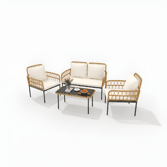 Senfot Outdoor Wicker Patio Set 4-Piece, Chaise Lounge & Glass Coffee Table with Reinforced Steel Frame, High-Density Foam Cushions, Stylish Rattan Furniture for Backyard, Balcony & Garden