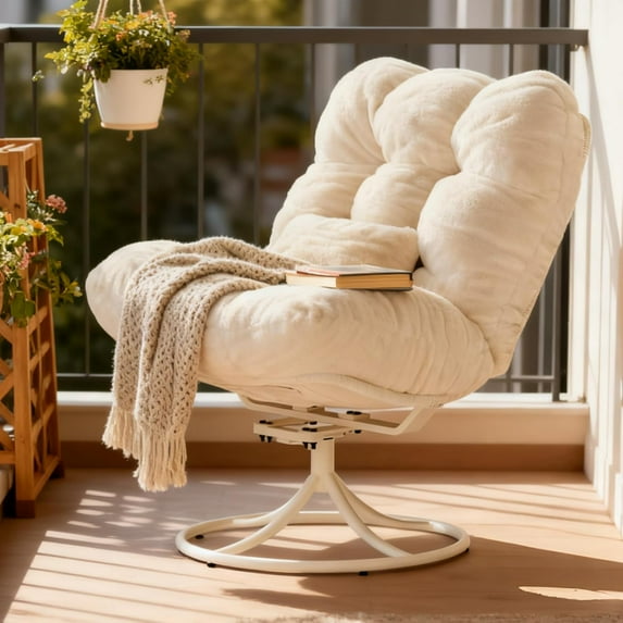 Senfot Oversize 360° Swivel Plush Lounge Chair - Metal Rocking Base, Rattan Rocking Chair with Comfy Deep Seat Thick Cushion for Indoor/Outdoor White