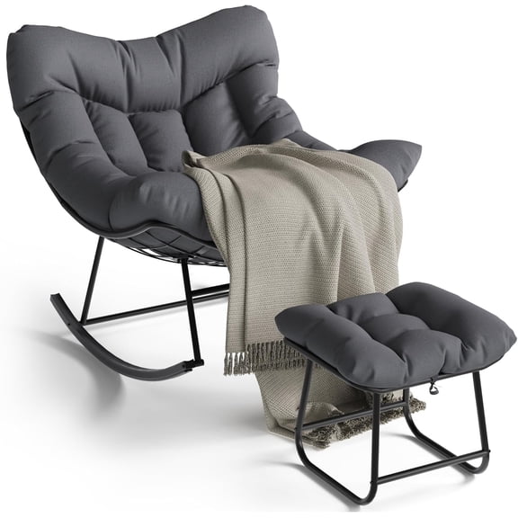 Senfot Oversized Papasan Rocking Chair with Ottoman Rattan Egg Lounge Chair Sturdy Frame for Indoor Outdoor Patio Balcony Relaxation Gray