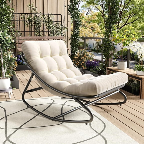 Senfot Oversized Patio Rocking Chair - Heavy Duty Metal Frame with Thick Waterproof Cushions, 400 lbs Capacity for Outdoor & Indoor Use Beige