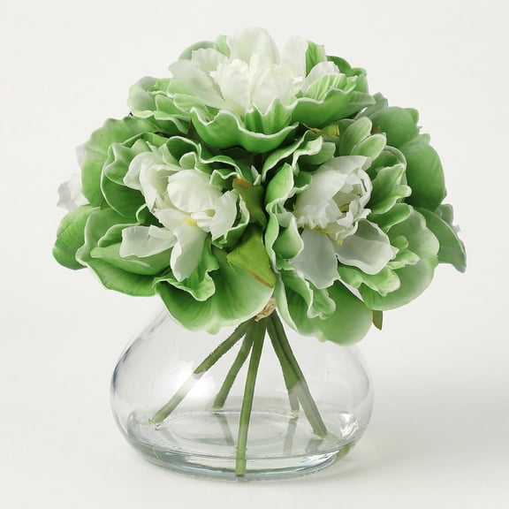 Senfot PU & Silk Faux Peony in Glass Vase with Faux Water for Home Table Office Wedding Party Decor Green