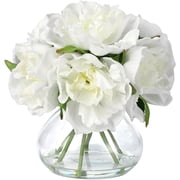 Senfot PU & Silk Faux Peony in Glass Vase with Faux Water for Home Table Office Wedding Party Decor White