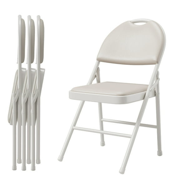 Senfot Padded Folding Chairs, Soft Cushioned Chairs with Metal Frame, PU Leather Upholstered Foldable Chairs Set, Portable High Back Chairs for Office, Party, Dining Room Beige 4pcs