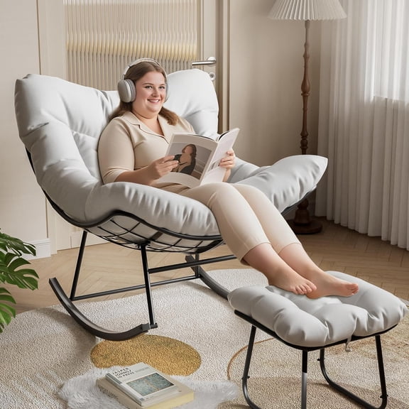 Senfot Patio Rocking Chair - Oversized Outdoor Rocking Chair with Ottoman, 450lb Capacity, All-Weather PE Rattan Egg Rocker White