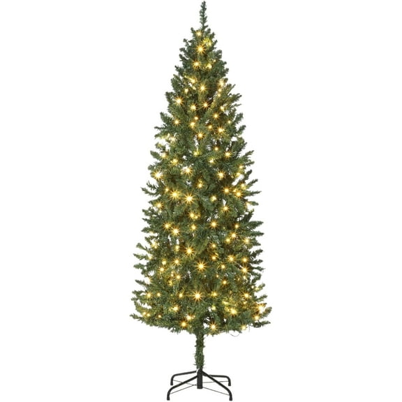 Senfot Pre-Lit Pencil Christmas Tree with 250 Color Changing LED Lights, 6ft Hinged Slim Artificial Xmas Tree with Metal Stand and 566 Branch Tips,for Home Office Party Holiday Decoration, Green